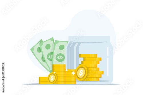 Flat vector illustration of saving money for the future. Cartoon piggy bank with a coin being inserted, symbolizing financial planning, budgeting, investment, and long-term wealth management.