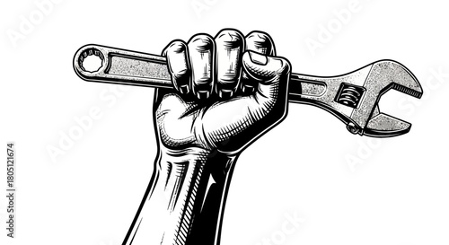 A powerful fist clutching an adjustable wrench in a bold, black and white illustration.