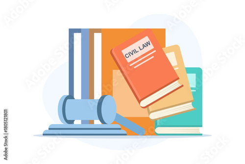Civil law and criminal code illustration, symbolizing legal systems, regulations, and justice principles within society and courtroom frameworks. flat vector illustration on background.