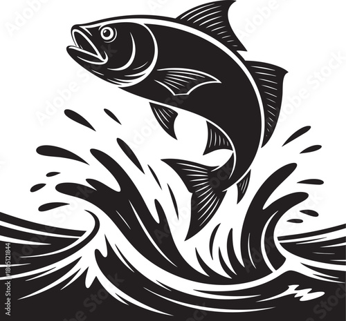 A stylized black and white linocut illustration depicts a fish dramatically leaping out of splashing water, showcasing its fins and open mouth.