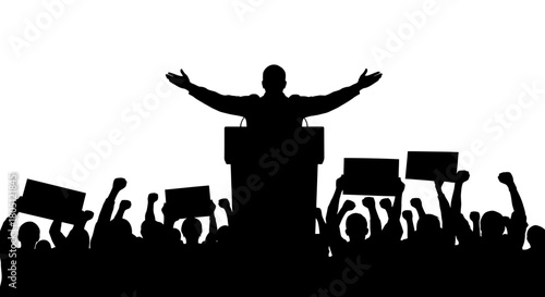Silhouette of a speaker addressing a crowd of protesters with raised fists and signs.