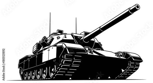 Black and white line art illustration of a modern main battle tank on a white background.