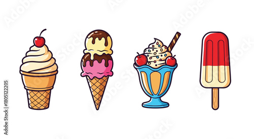 A colorful illustrated collection of ice cream cone and popsicle treats