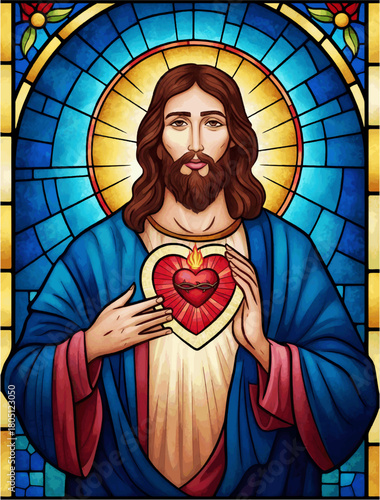 Sacred Heart of Jesus Stained Glass Illustration with Halo Blue Background and Religious Christian Devotional Artwork