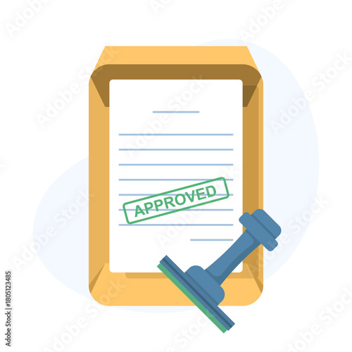 An approved stamp presses onto a contract sheet, confirming validation and authorization. The rubber stamp symbolizes acceptance of business documents, agreements, and official approval.