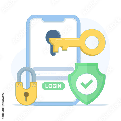 Password and key protecting smartphone. Online security, encryption, safe login, user authentication, cyber protection, digital privacy vector illustration.