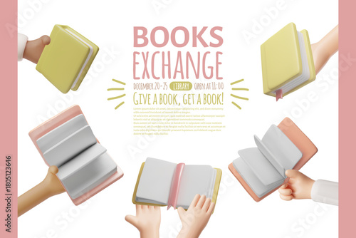Books exchange 3D vector banner design, give a book get a book, literature in hands, encyclopedias, library or bookstore