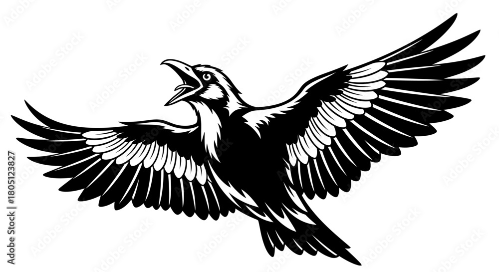 Fototapeta premium A stylized black and white illustration of a cawing raven in flight with its wings spread wide.