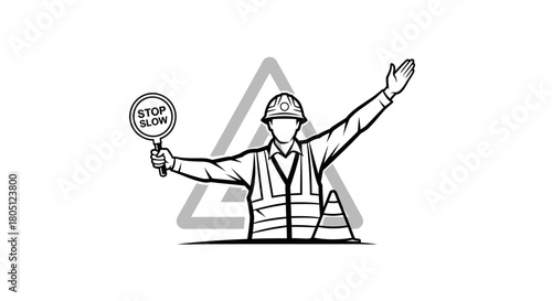 A black and white line art illustration of a traffic controller wearing a hard hat and safety vest, holding a stop sign.