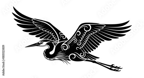 Stylized black silhouette of a heron or crane in flight with intricate ornamental patterns on its body and wings.