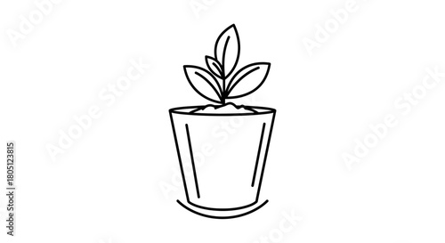 A simple line drawing of a potted plant with leaves, soil, and a rounded base.