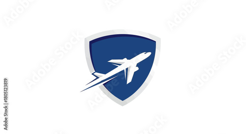 Airplane silhouette in a blue shield logo, travel protection concept.