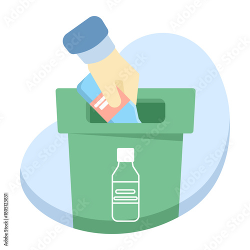 A human hand throws plastic bottles into a recycling bin, illustrating waste disposal, trash sorting, and environmental responsibility. Eco-friendly recycling concept art vector illustration.