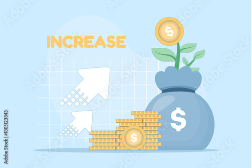 Income and salary growth, revenue margin chart, financial performance improvement, ROI arrows, business analytics, profit increase, economic trend, flat style vector design.