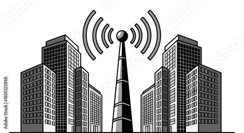 Communication tower emitting signals between modern city buildings, illustrating urban connectivity and wireless technology.