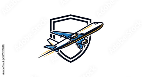 A stylized illustration of a blue and white airplane taking off in front of a black outlined shield, symbolizing safe travel and aviation security.
