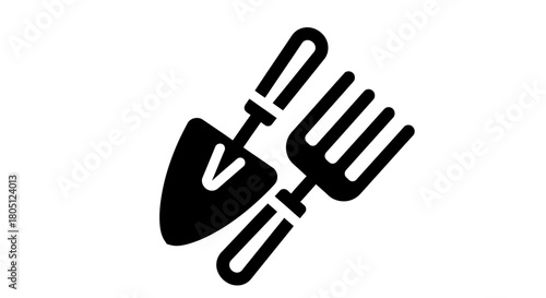 Gardening tools: trowel and fork, black and white vector illustration.