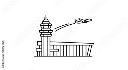Line drawing of an airport with a control tower and a plane taking off.