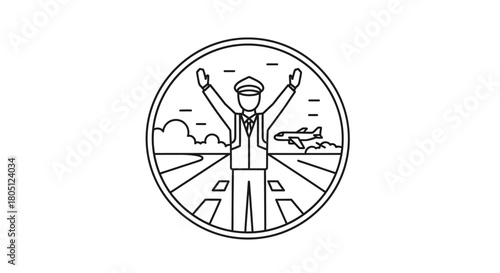 A line art illustration of an aircraft marshaller guiding a plane on an airport runway inside a circular frame.