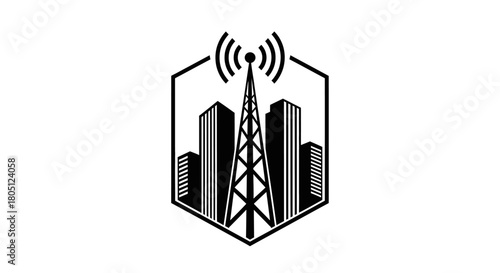 Black and white graphic illustration of a communication tower with radiating signals, flanked by city buildings, all enclosed within a hexagonal frame, representing urban connectivity and technology.