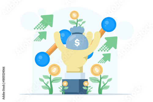 ROI return on investment, business growth to success, investor hand holding dollar plant and money bag, profit increase chart graph, financial opportunity, modern banner illustration.