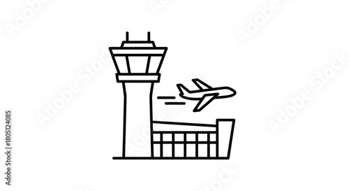 Airport control tower and terminal building with an airplane taking off icon.