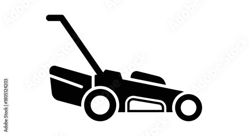 Black silhouette of a push lawnmower, a common garden tool for cutting grass and maintaining yards.