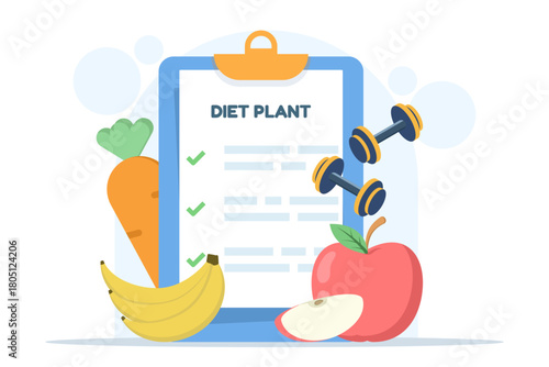 Healthy lifestyle and diet vector, fruit with measuring tape, checklist for weight loss goals, nutrition and wellness planning, fitness concept, modern flat illustration.
