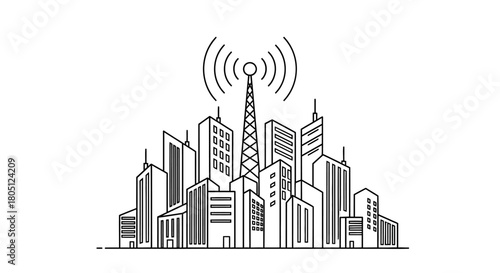 City skyline with antenna emitting radio waves, line art illustration.