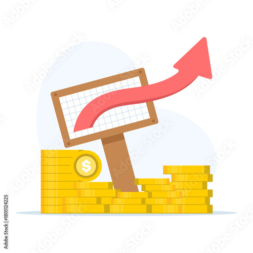 Financial performance illustration, salary and income increase, dollar rate statistics, revenue margin and profit growth, ROI arrows, business analysis, cost of sales concept.