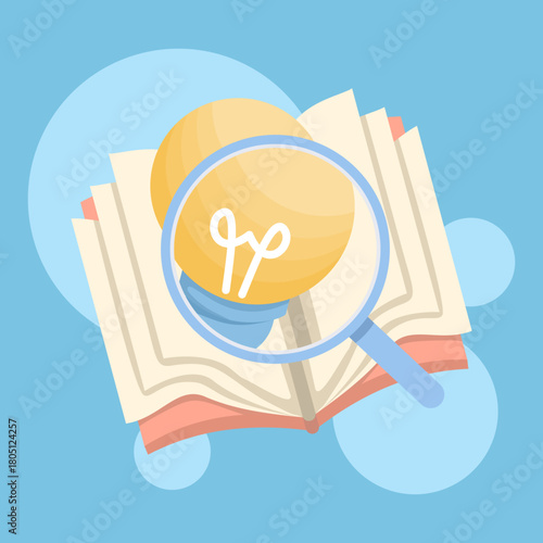 Educational concept open book with light bulb and magnifying glass science research learning knowledge exploration study geography study academic study innovation