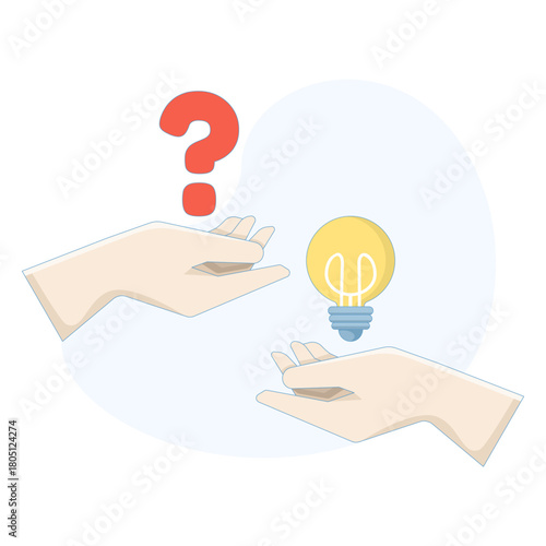 Questions and answers concept, problems and solutions, hand holding question mark and light bulb, idea and insight, brainstorming, problem solving, vector illustration.