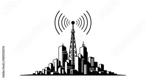 Stylized black and white illustration of a radio tower broadcasting signals over a city skyline.