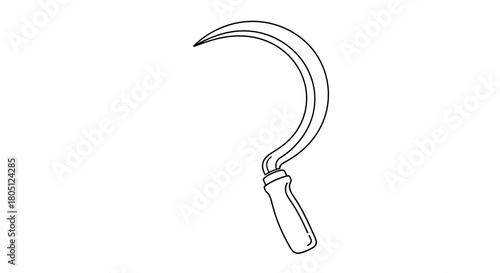 A simple black and white line drawing of a sickle, a curved blade tool used for reaping or harvesting grain.
