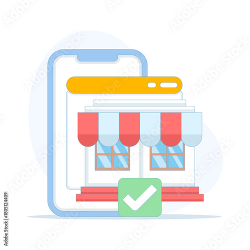 Ecommerce mobile web shop, digital store on smartphone screen, electronic storefront website, online retail, virtual shopping experience, modern vector icon design.