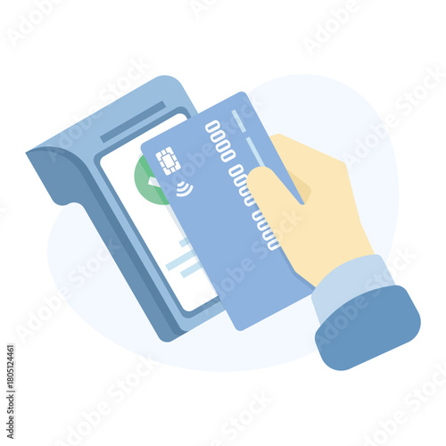 Contactless payment concept showing a hand tapping a credit or debit card near a POS terminal, illustrating NFC transactions and fast, secure cashless purchases. flat vector illustration.