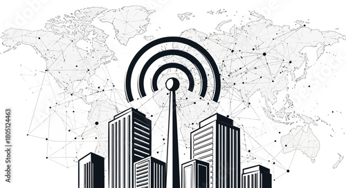 City skyline with a prominent antenna emitting wifi signals against a world map backdrop.