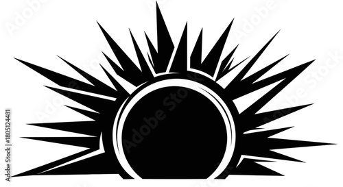 A stylized black sunburst graphic with sharp, angular rays emanating from a dark, circular core.
