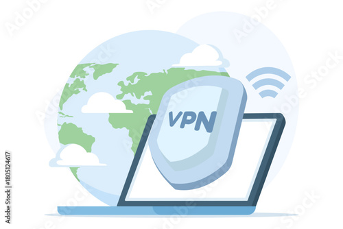 VPN software concept, shield icon, secure connection, encrypted data, virtual private network, remote server, cloud computing, cybersecurity illustration, flat vector design.