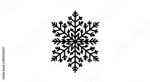 A detailed black and white illustration of a single snowflake with intricate crystalline patterns.