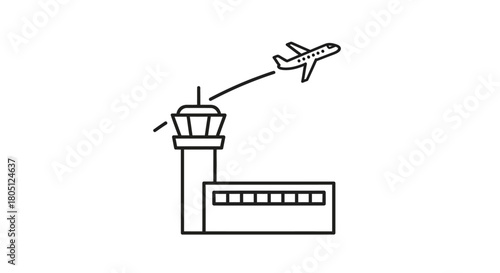 A simple line art illustration depicting an airport control tower, terminal building, and an airplane flying away.