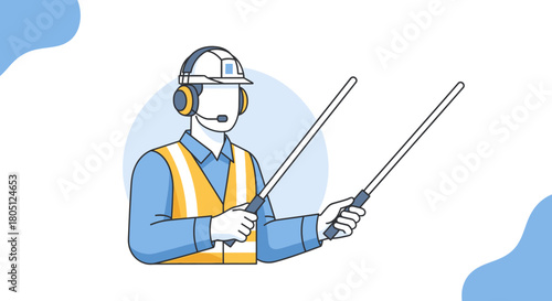 Illustration of a construction worker wearing a safety vest and holding two pointers.