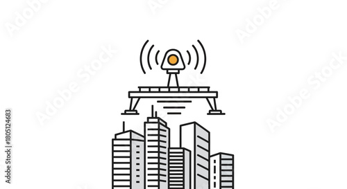 A futuristic communication tower with a warning light stands tall above a cluster of modern city buildings.
