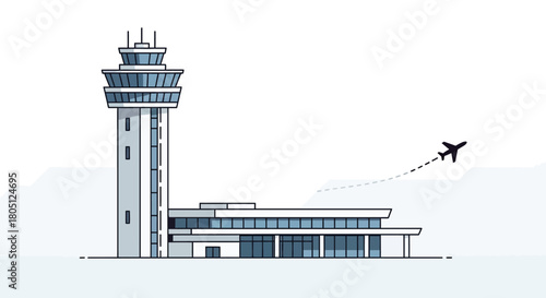 A minimalist illustration of an airport control tower and terminal building with an airplane taking off.