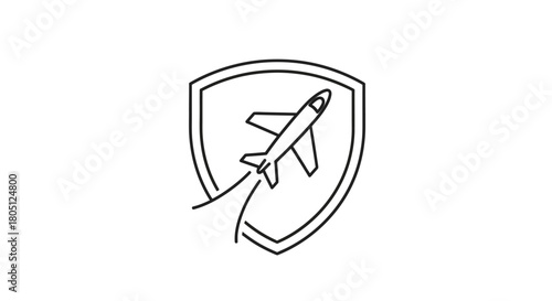 A stylized line art icon depicting an airplane taking off within a shield.