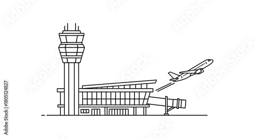 An illustration of an airport terminal with a control tower and an airplane taking off.