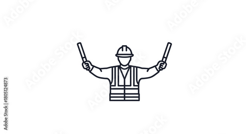 Line icon of a signalman wearing a hard hat and safety vest directing traffic with light wands.