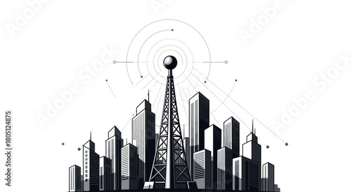 A stylized illustration of a city skyline with a prominent radio tower at its center, emitting concentric signal waves.