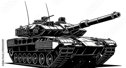 Detailed black and white illustration of a modern battle tank.
