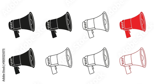 Set of eight megaphone icons in various styles including solid black, red, and outlines on a white background.
